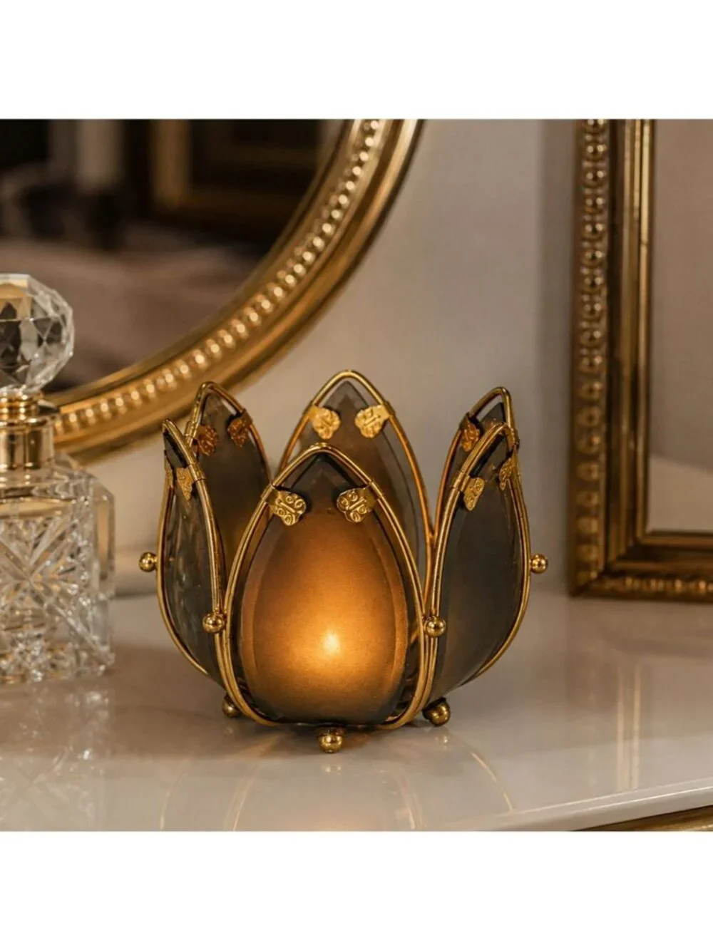 Vintage PartyLite Lotus Candle Holder Smoked Glass Brass Votive Tealight